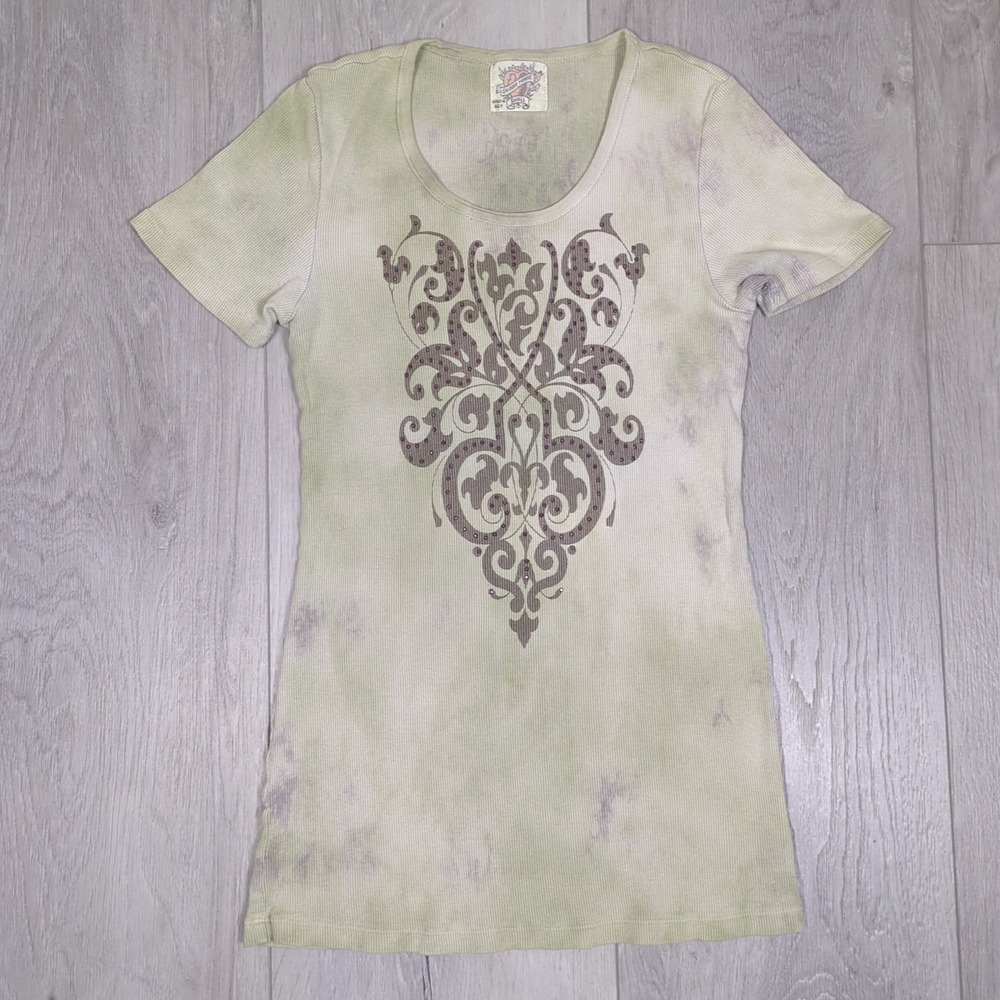 Vintage Skinny Minnie Top Shirt Womens Small Damask Print Embellished Rhinestone